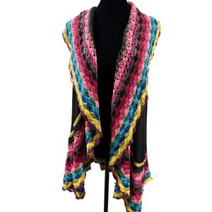 Double Zero Boho Rainbow Crochet Cardigan‎ Sweater Womens M Open Front Hippie